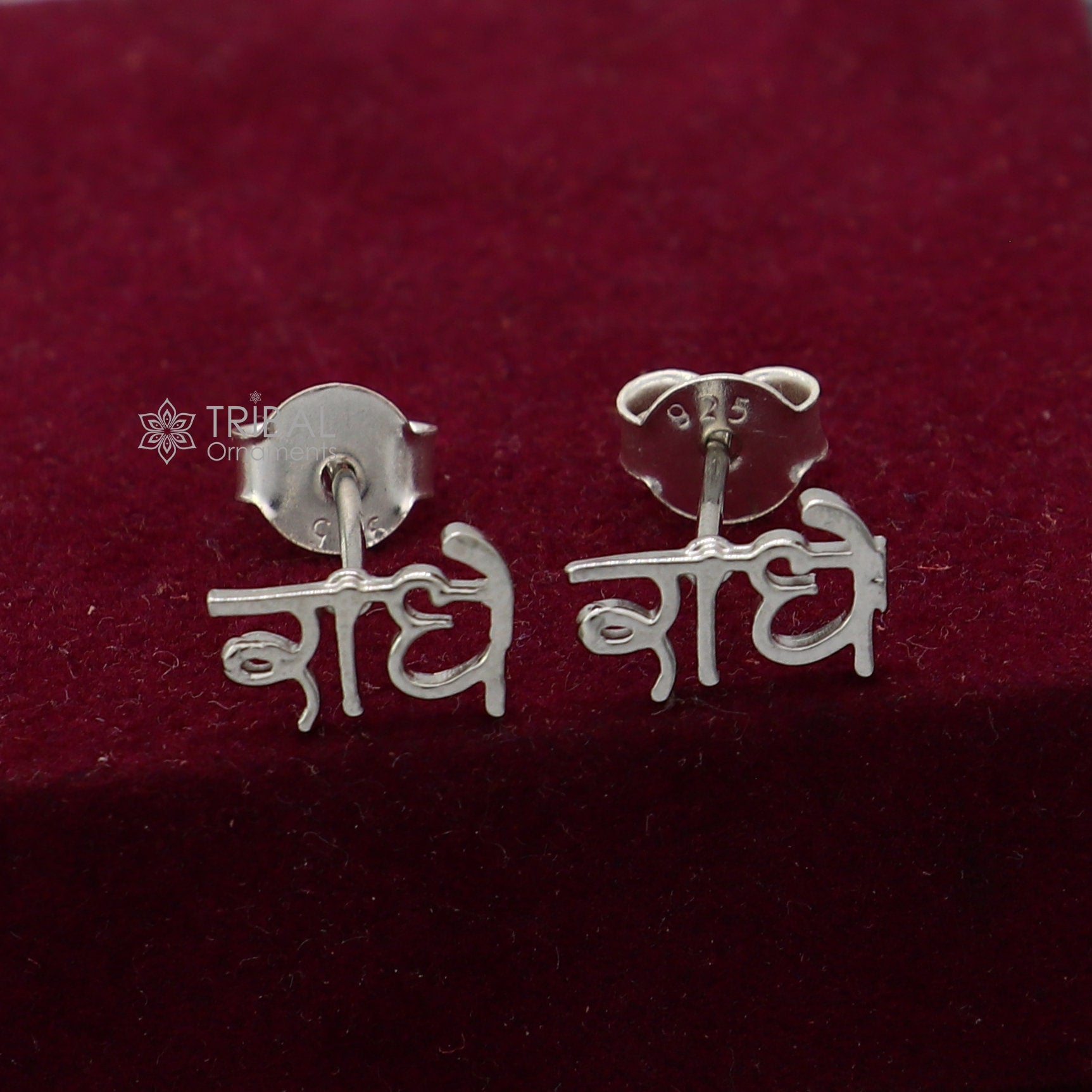 925 Sterling silver handmade goddess Radhe stud earring, unisex cultural divine jewelry with intricate design, solid silver finish.