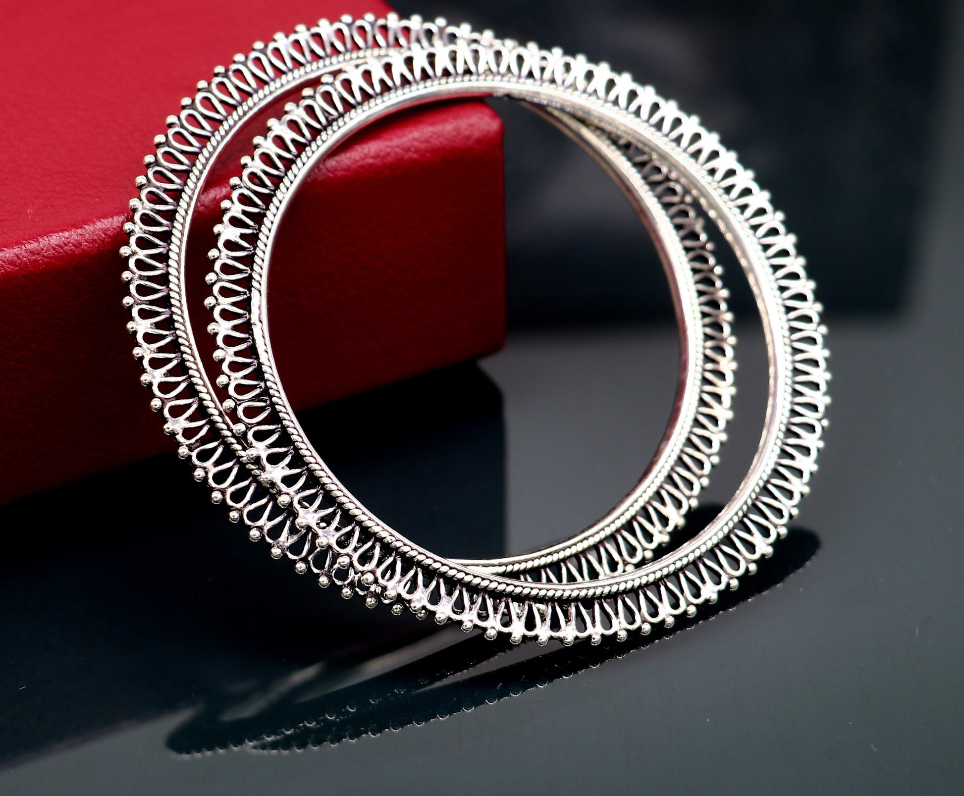 925 sterling silver bangle and kada kangan set for brides by Tribal Ornaments, featuring intricate handmade designs for women.