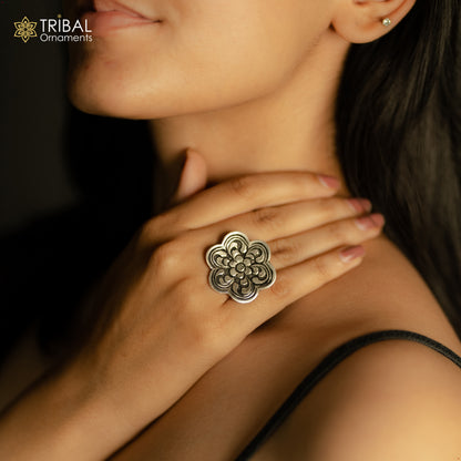 Sterling silver handmade flower-shaped adjustable ring by TRIBAL ORNAMENTS, featuring tribal ethnic chitai work and unisex stylish design.