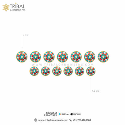 Set of 13 handmade silver buttons with green and red flower meenakari design for men's coats or suits, by Tribal Ornaments.
