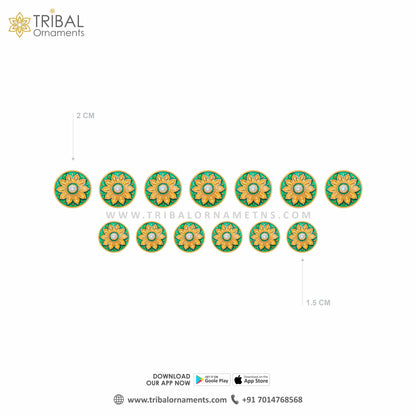 Set of 13 handmade 925 sterling silver men's coat buttons with green round design and gold polish, suitable for suits and formal wear.