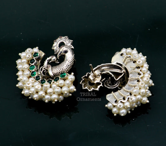 925 sterling silver peacock design stud earring with cut stone and pearl, handcrafted tribal jewelry by TRIBAL ORNAMENTS