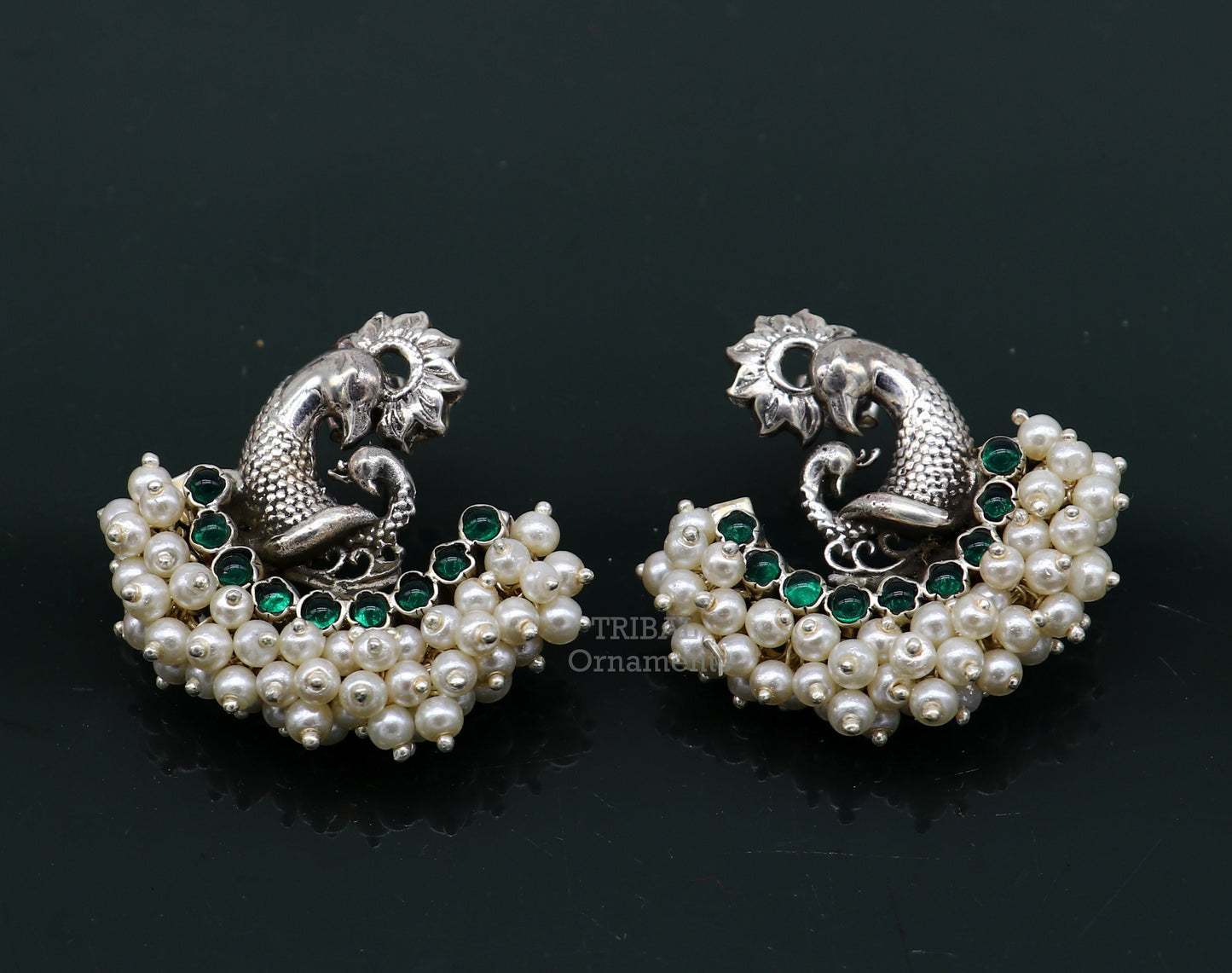 Sterling silver peacock design stud earring with cut stone and pearl, handcrafted tribal jewelry by TRIBAL ORNAMENTS.