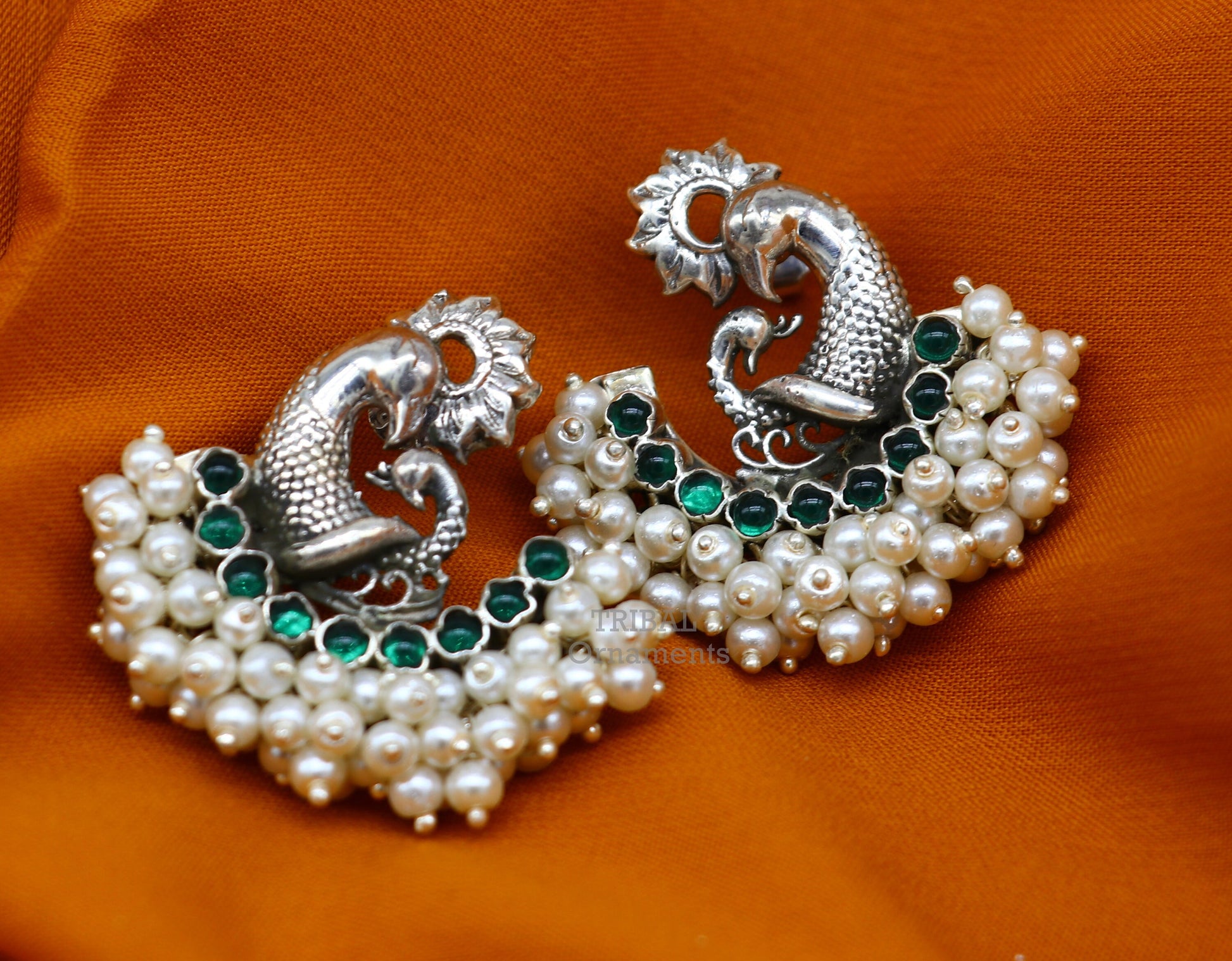 925 sterling silver peacock design stud earring with cut stone and pearl, tribal jewelry by TRIBAL ORNAMENTS