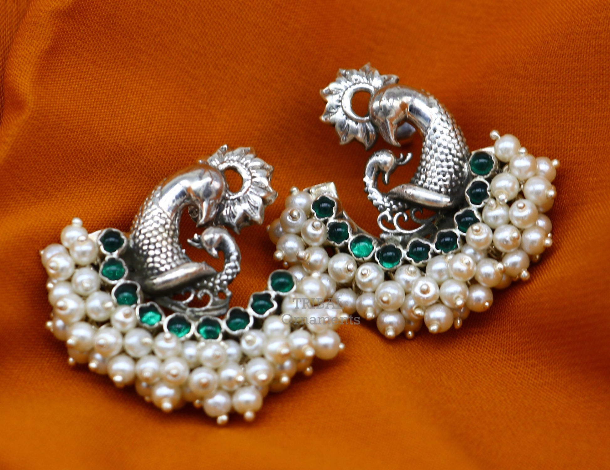 925 sterling silver peacock design stud earring with cut stone and pearl, handcrafted tribal jewelry by TRIBAL ORNAMENTS