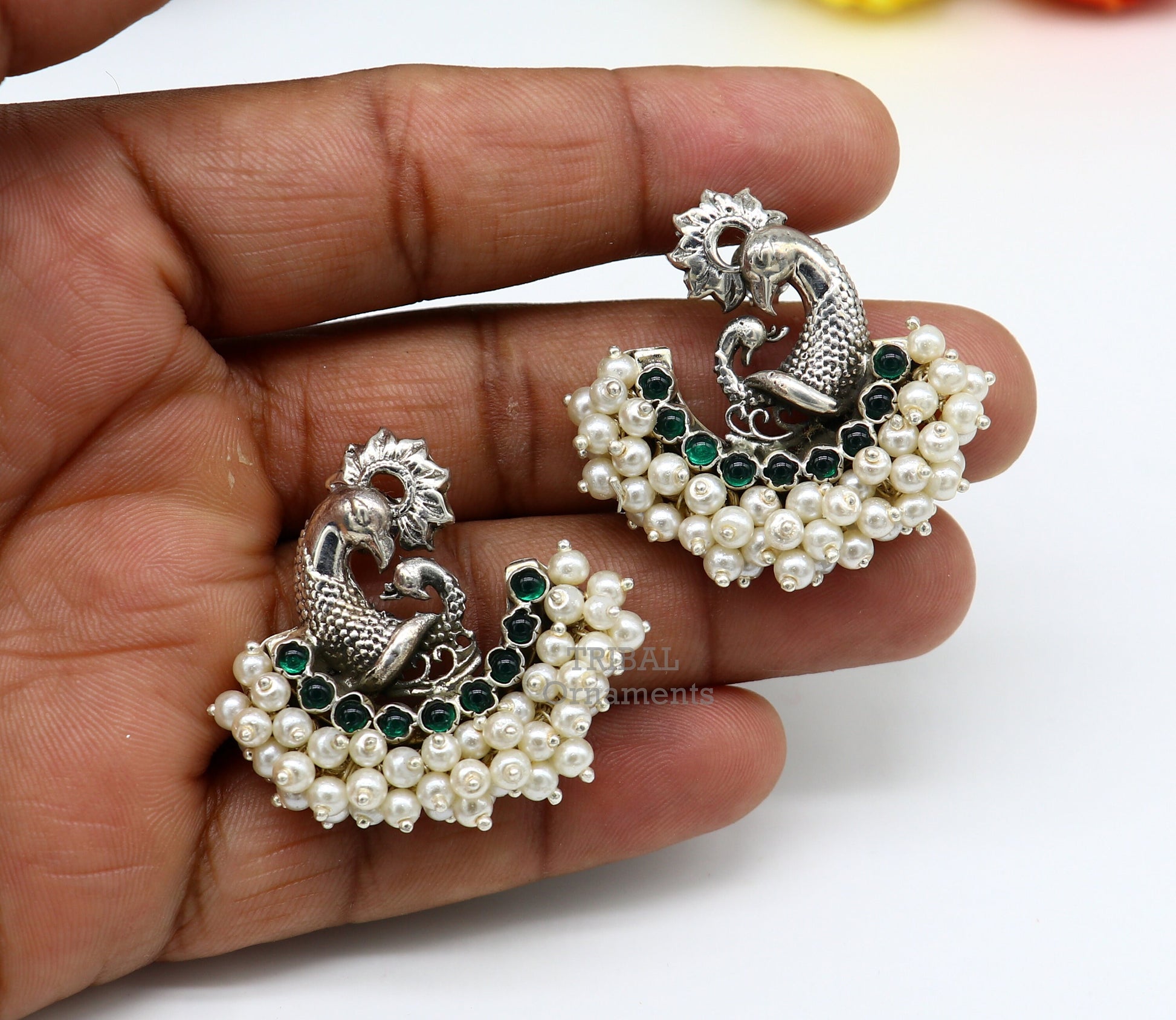 Sterling silver peacock design stud earring with cut stone and pearl, tribal handmade jewelry by TRIBAL ORNAMENTS.