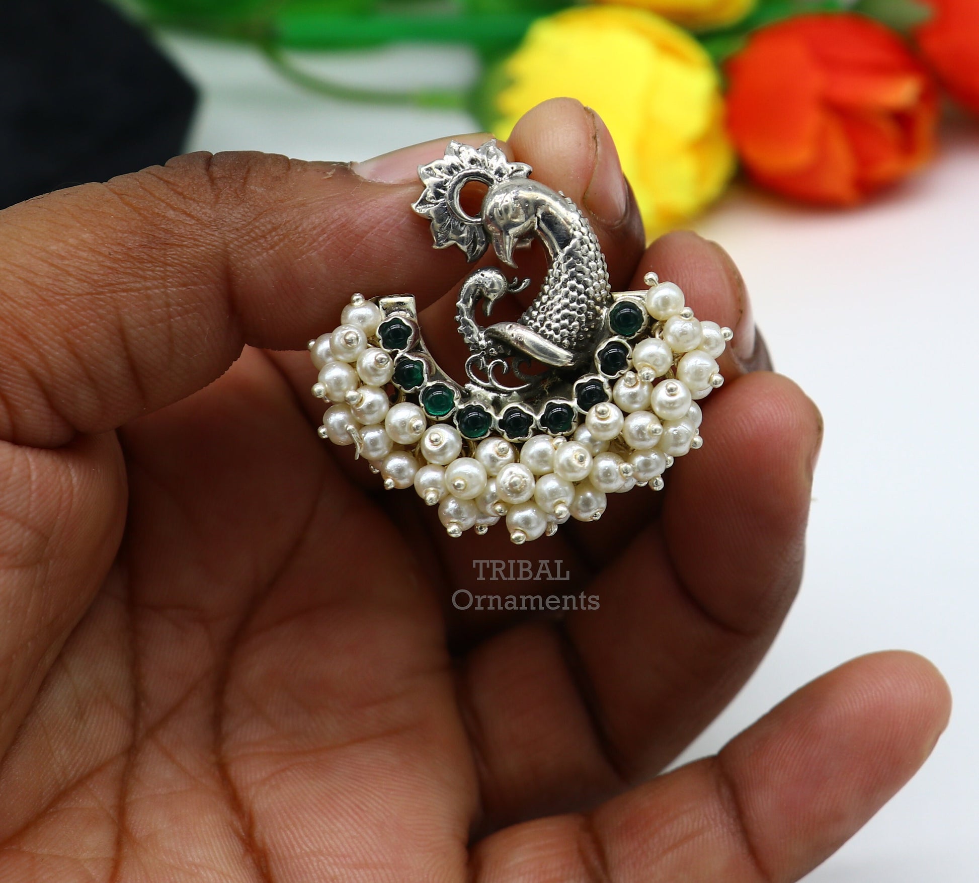 Handmade 925 sterling silver peacock design stud earring with cut stone and pearl, tribal jewelry by TRIBAL ORNAMENTS.