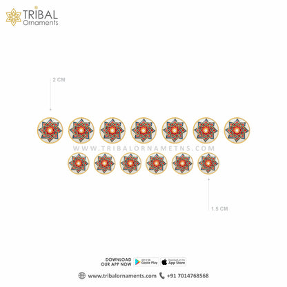 Set of 13 handmade 925 Sterling silver red mandala design meenakari buttons for men's coat or suit, tribal jewelry accessory.