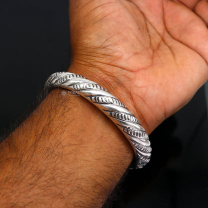 925 sterling silver fancy bangle bracelet from Tribal Ornaments, stylish unisex kada with intricate design and personalized gift details.