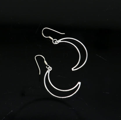 Sterling silver handmade half-moon arc hoop earring with geometric drop design, elegant and trendy for stylish women.