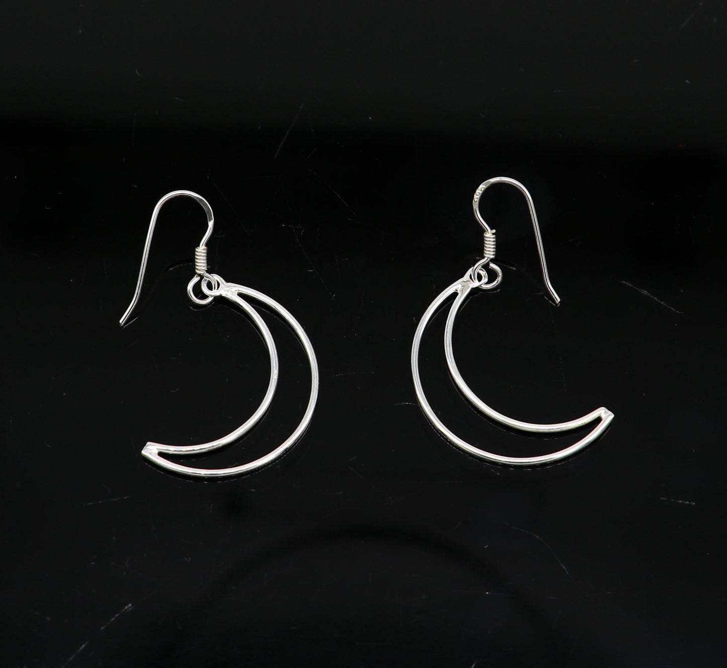925 sterling silver handmade half moon arc hoop earring with drop dangle design, elegant geometric jewelry by TRIBAL ORNAMENTS
