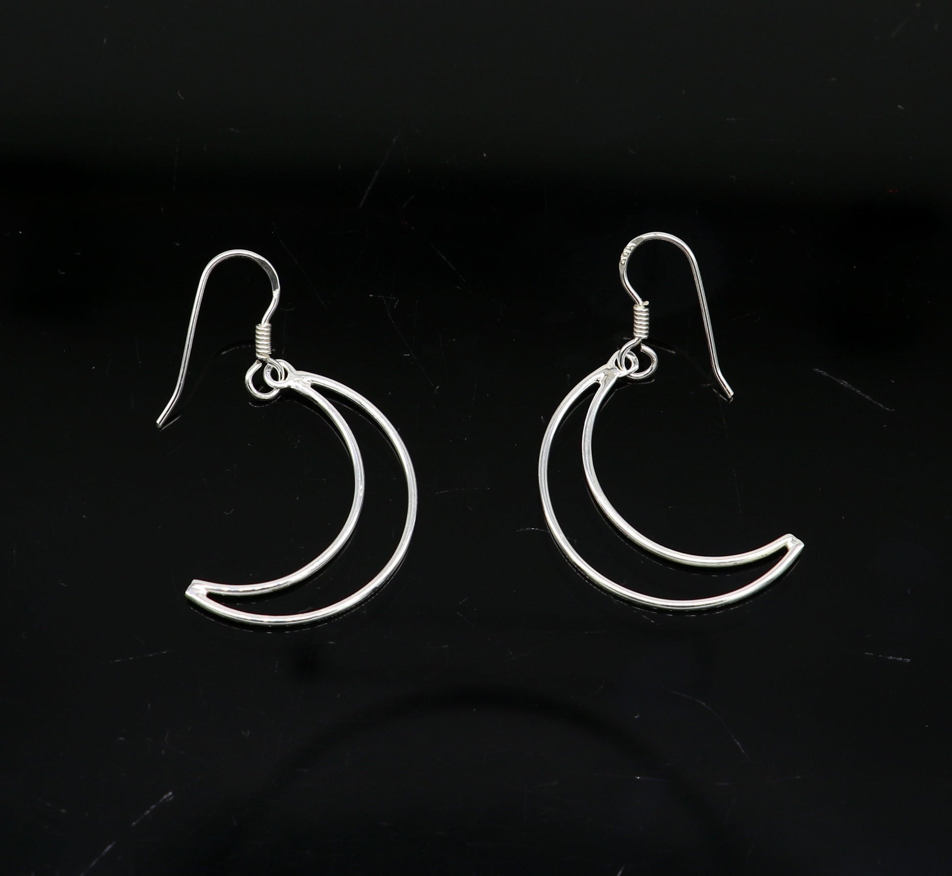 925 sterling silver handmade half moon arc hoop earring with drop dangle design, elegant geometric jewelry by TRIBAL ORNAMENTS