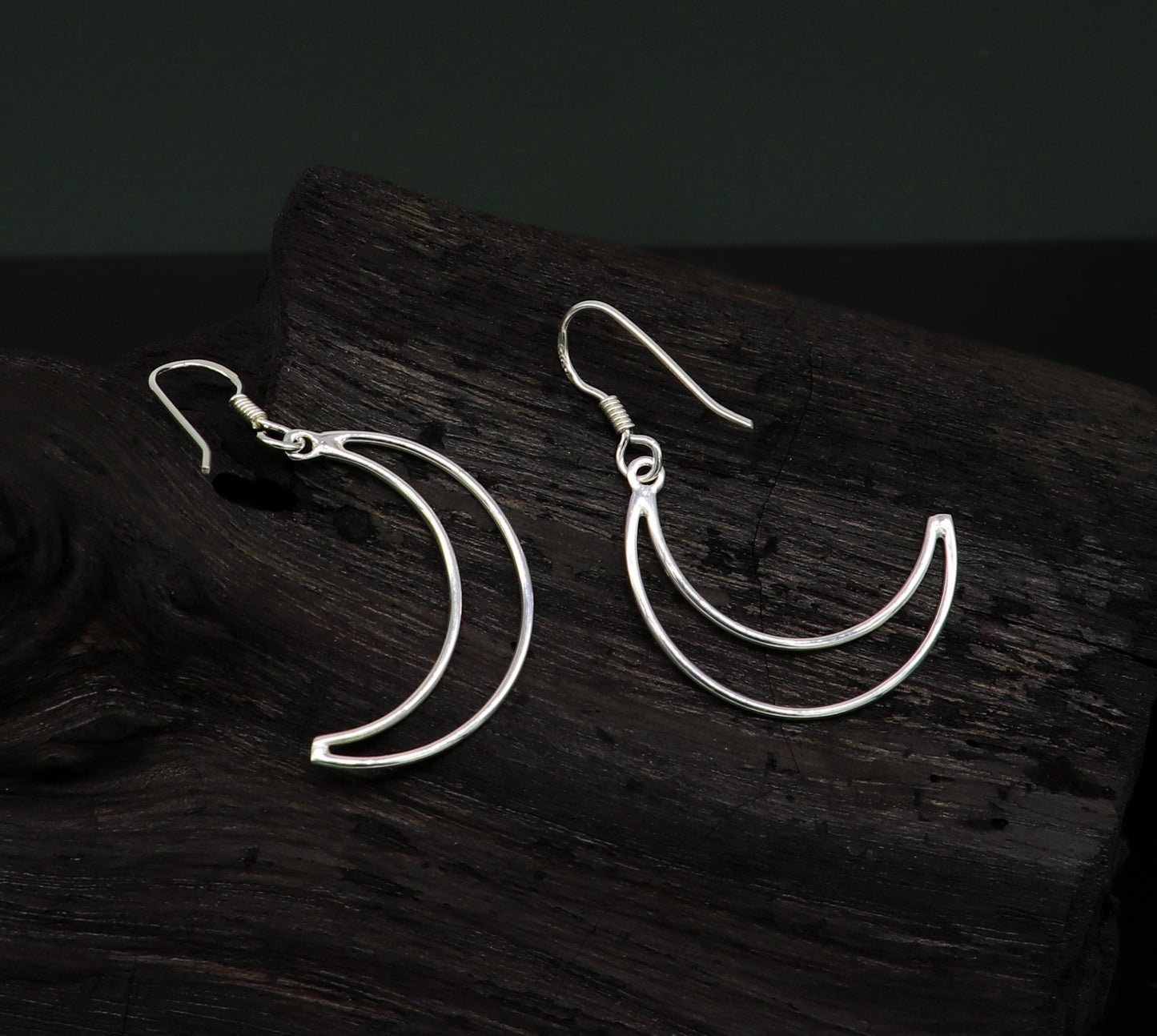 Sterling silver half moon arc hoop earring with drop dangle design, handmade tribal jewelry for stylish, elegant looks.