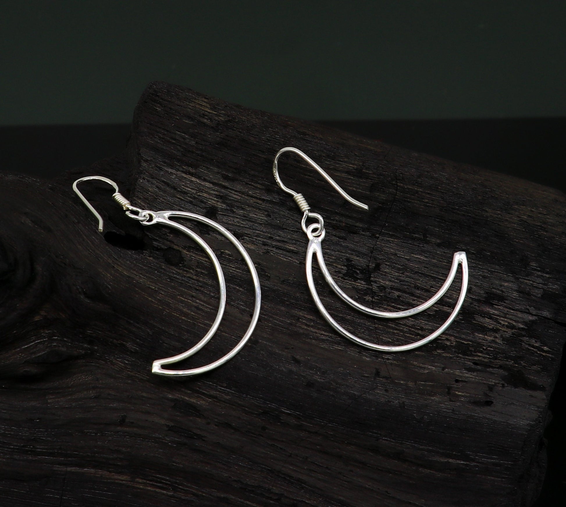Sterling silver half moon arc hoop earring with drop dangle design, handmade tribal jewelry for stylish, elegant looks.