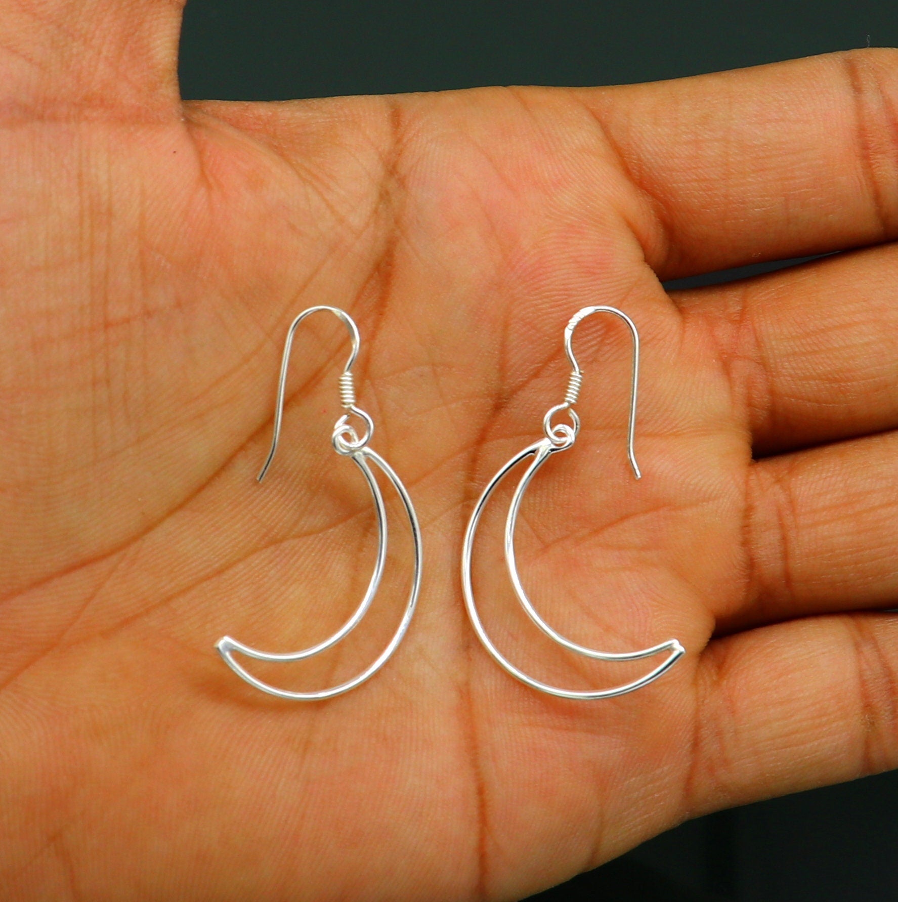 Sterling silver handmade half moon arc hoop earring with geometric drop design, elegant and trendy jewelry by TRIBAL ORNAMENTS