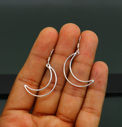 Elegant 925 sterling silver handmade half-moon arc hoop earring with geometric design, drop dangle style, from Tribal Ornaments.