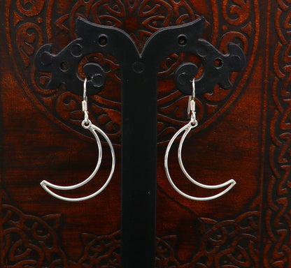 925 sterling silver handmade half moon arc hoop earring with drop dangle geometric design, elegant and trendy for her ear.