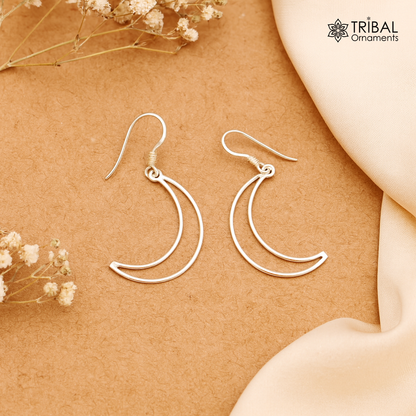Sterling silver half-moon arc hoop earring by Tribal Ornaments, trendy geometric drop dangle earring for stylish women.
