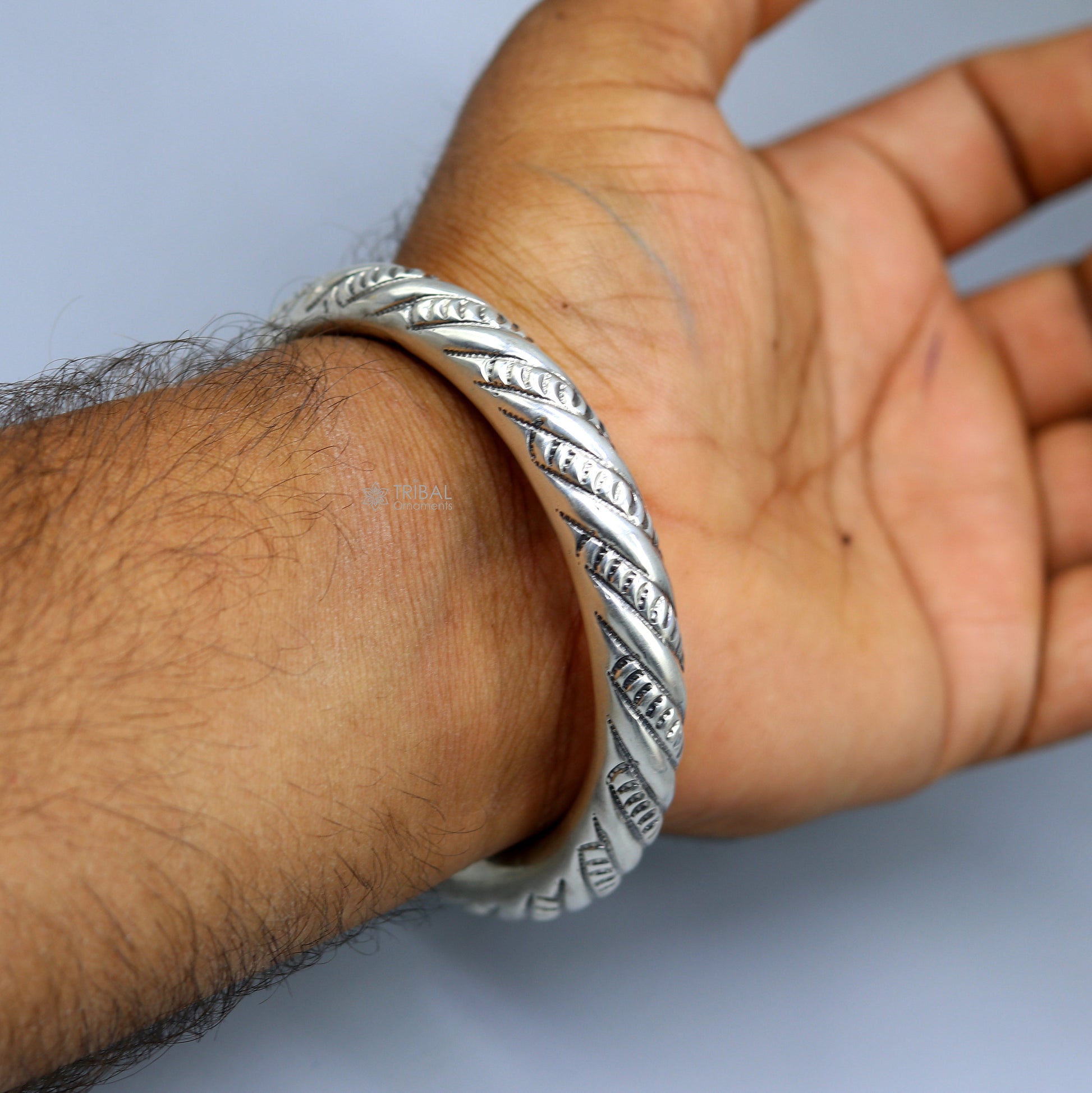 Unisex 925 sterling silver handmade heavy bangle bracelet, tribal ornament design, traditional jewelry style.