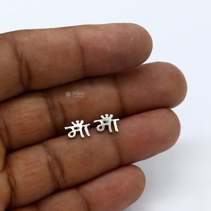 925 Sterling silver handmade Hindi "Maa" letter stud earring, unisex cultural jewelry with solid silver design by TRIBAL ORNAMENTS