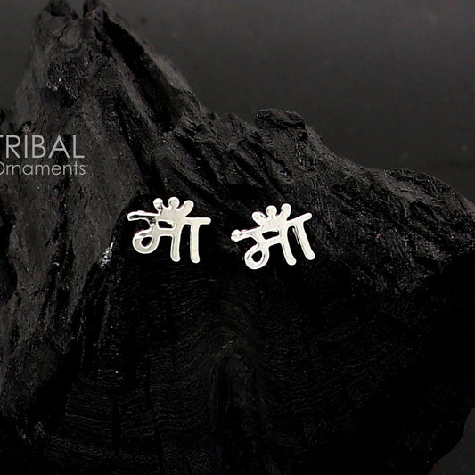 Sterling silver handmade "MAA" Hindi letter stud earring, unisex cultural jewelry by Tribal Ornaments, solid silver earring design