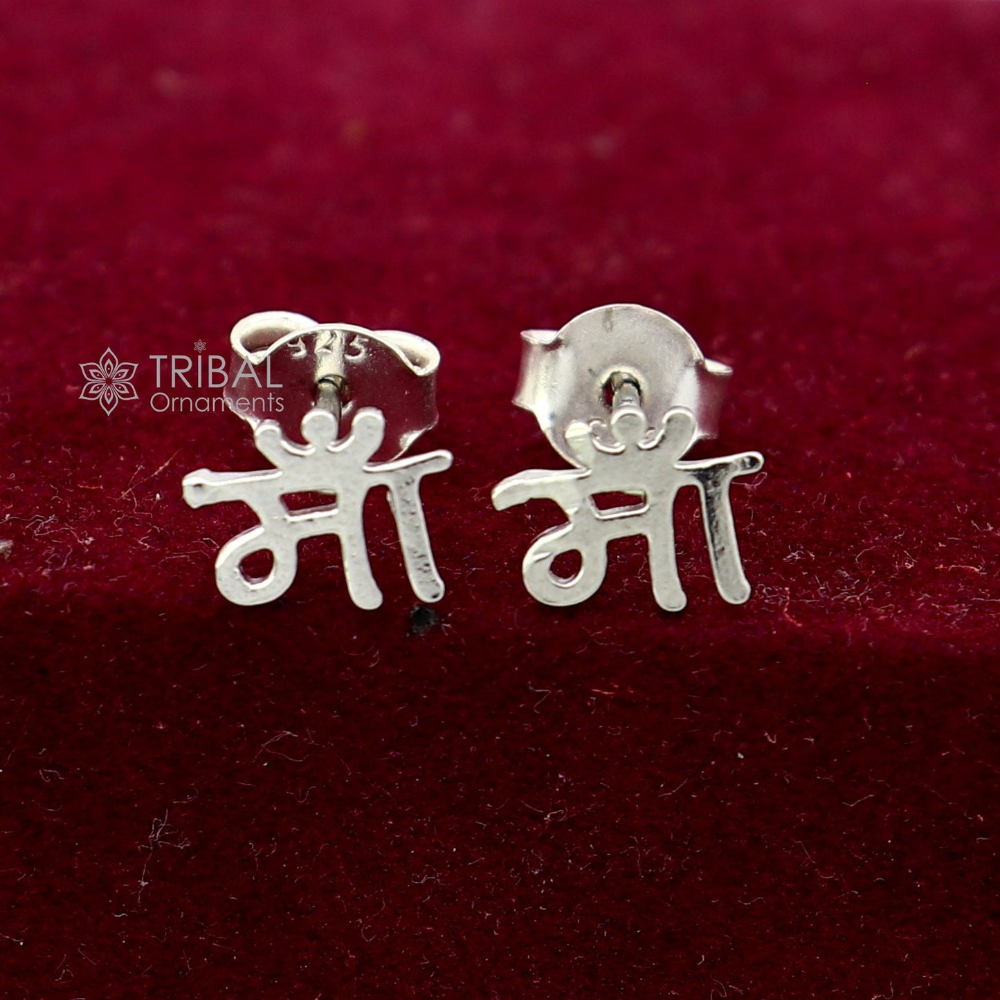 Sterling silver handmade "Maa" Hindi letter stud earring by TRIBAL ORNAMENTS, unisex cultural jewelry with a solid silver finish.