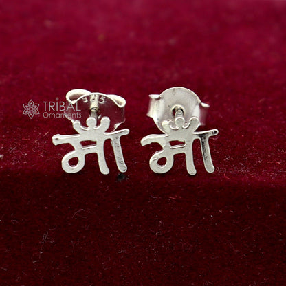 Sterling silver handmade "Maa" Hindi letter stud earring by TRIBAL ORNAMENTS, unisex cultural jewelry with a solid silver finish.