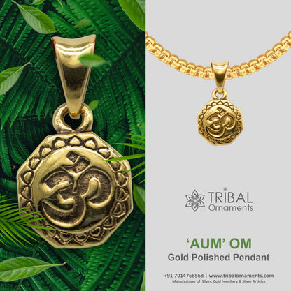 925 sterling silver Hindu mantra 'Aum' OM pendant with gold polish, stylish good luck jewelry by TRIBAL ORNAMENTS.