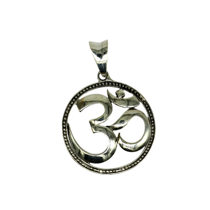 Sterling silver OM mantra pendant by TRIBAL ORNAMENTS, unisex Hindu jewelry with intricate engraved design and personalized style.