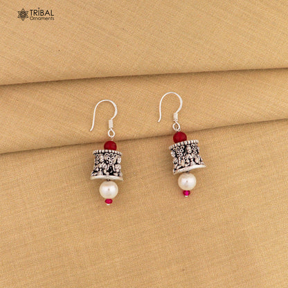 925 sterling silver handmade hook earrings, fabulous hanging pretty bells drop dangle earrings tribal ethnic jewelry from India s1086 - TRIBAL ORNAMENTS
