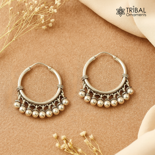 925 sterling silver handmade hoop earring elegant delegate Bali, hanging bells, hook, hoop gifting gorgeous tribal customized jewelry s1115 - TRIBAL ORNAMENTS