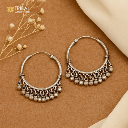 925 sterling silver handmade hoop earring,fabulous bali,hanging bells, dangling bells, hoop gifting gorgeous tribal jewelry s374 - TRIBAL ORNAMENTS
