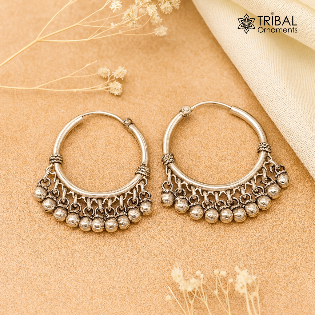 925 sterling silver handmade hoop earring with Bali hanging bells and hook, tribal jewelry design by TRIBAL ORNAMENTS