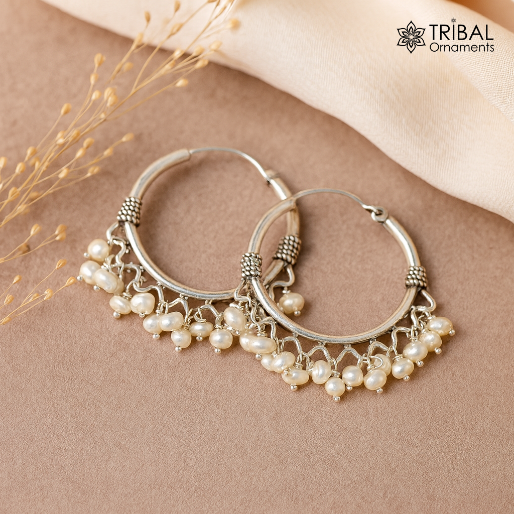 925 sterling silver handmade hoop earring with hanging pearls, tribal-inspired jewelry by TRIBAL ORNAMENTS featuring Bali design.