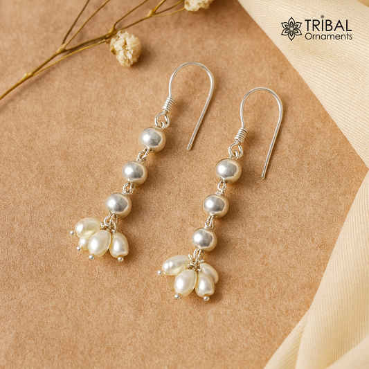 925 sterling silver handmade hoops earring with natural freshwater pearl drop, perfect for bridesmaids and special occasions.