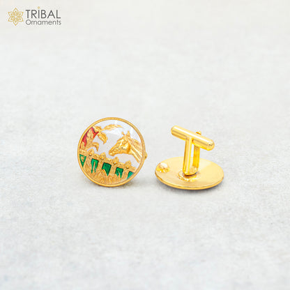Sterling silver handmade horse face cufflinks with gold polish, set of 2 for men's coat or suit, elegant jewelry for all occasions.
