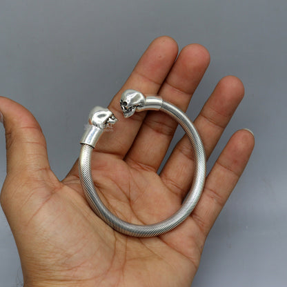 Sterling silver human skull design bangle cuff bracelet for unisex, handcrafted by Tribal Ornaments.