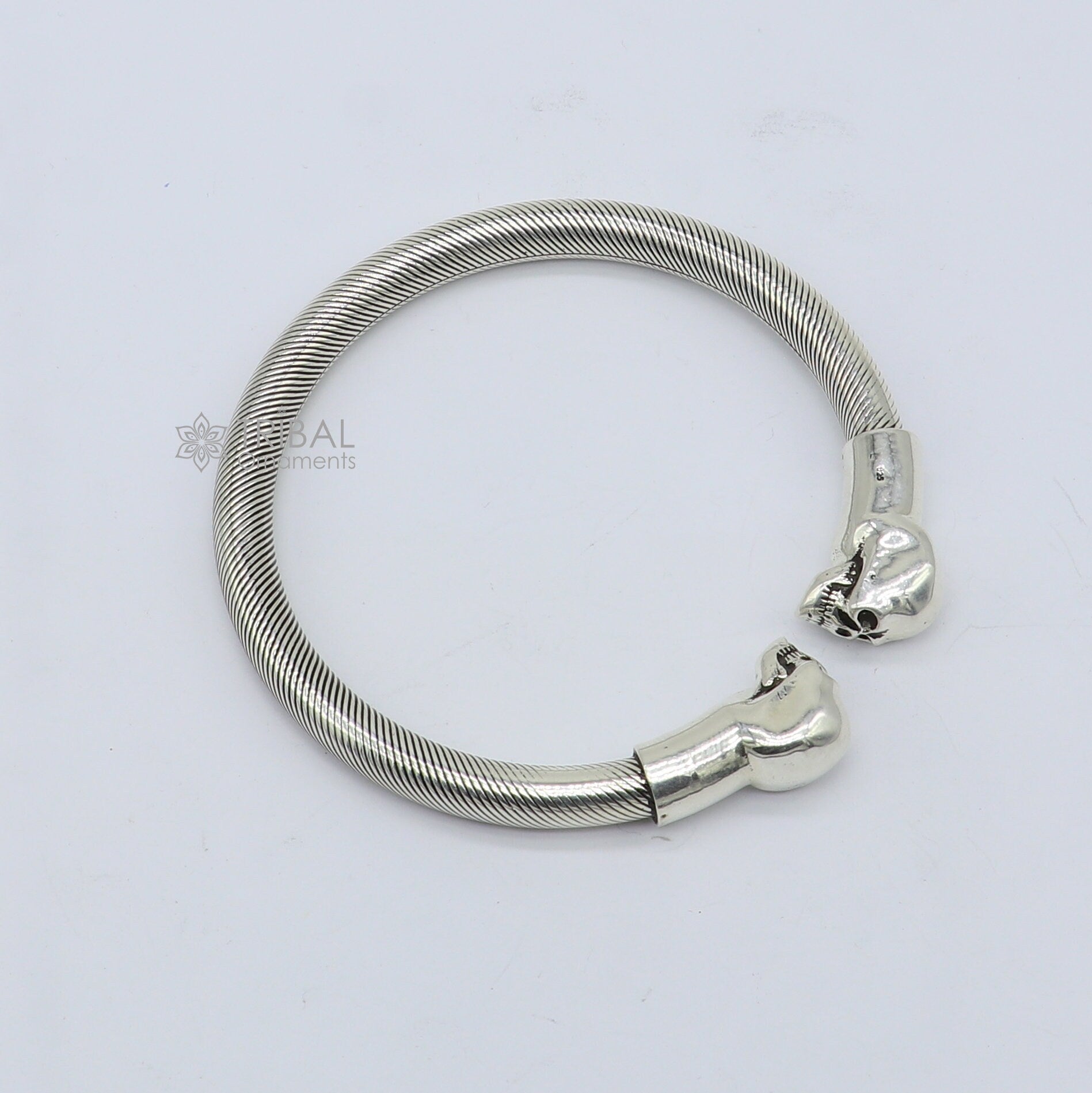 Sterling silver human skull design bangle cuff bracelet for unisex, handmade tribal ornament jewelry.