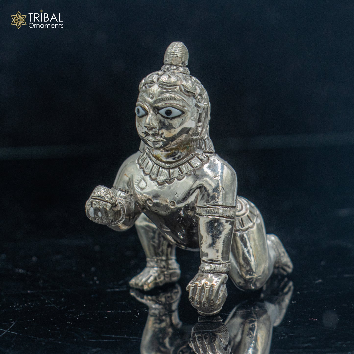 925 sterling silver handmade idol divine Krishna, Ladu Gopal, crawling Krishna small statue sculpture home temple puja art art494 - TRIBAL ORNAMENTS