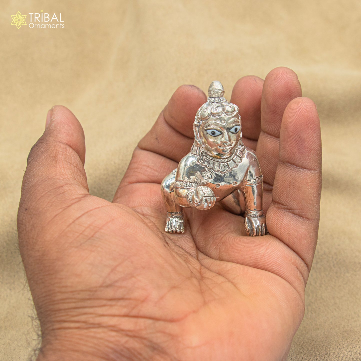 925 sterling silver handmade idol divine Krishna, Ladu Gopal, crawling Krishna small statue sculpture home temple puja art art494 - TRIBAL ORNAMENTS