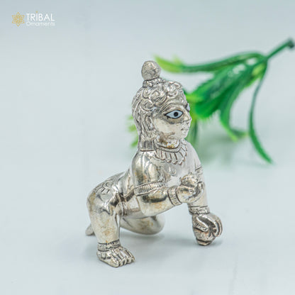 925 sterling silver handmade idol divine Krishna, Ladu Gopal, crawling Krishna small statue sculpture home temple puja art art494 - TRIBAL ORNAMENTS