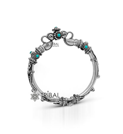 925 Sterling silver vintage peacock design bangle bracelet with intricate tribal and ethnic patterns, handmade Indian jewelry.