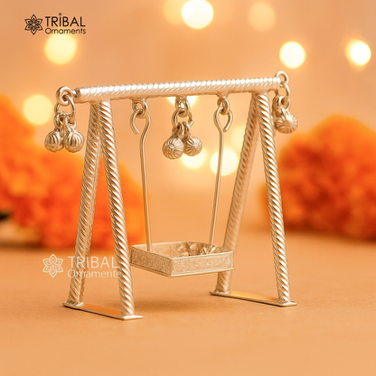 Handmade 925 sterling silver Laddu Gopala child Krishna swing and palna, detailed silver jhula art by TRIBAL ORNAMENTS