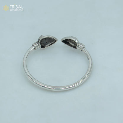 925 sterling silver Lord Karthikeya design adjustable bangle cuff bracelet, unisex jewelry with intricate handmade detailing.