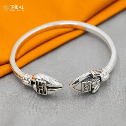 Sterling silver Lord Karthikeya design bangle cuff bracelet, adjustable unisex jewelry by TRIBAL ORNAMENTS.