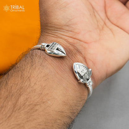 Sterling silver Lord Karthikeya design bangle cuff bracelet, adjustable unisex jewelry by Tribal Ornaments.