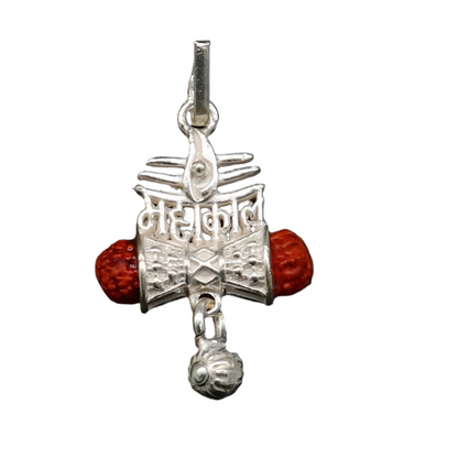 Sterling silver Lord Shiva Mahakal pendant with damaru-style design and hanging drops, handcrafted tribal jewelry.
