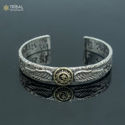 Sterling silver Lord Shiva mantra OM design adjustable bangle cuff bracelet, unisex jewelry with handmade tribal ornament style.