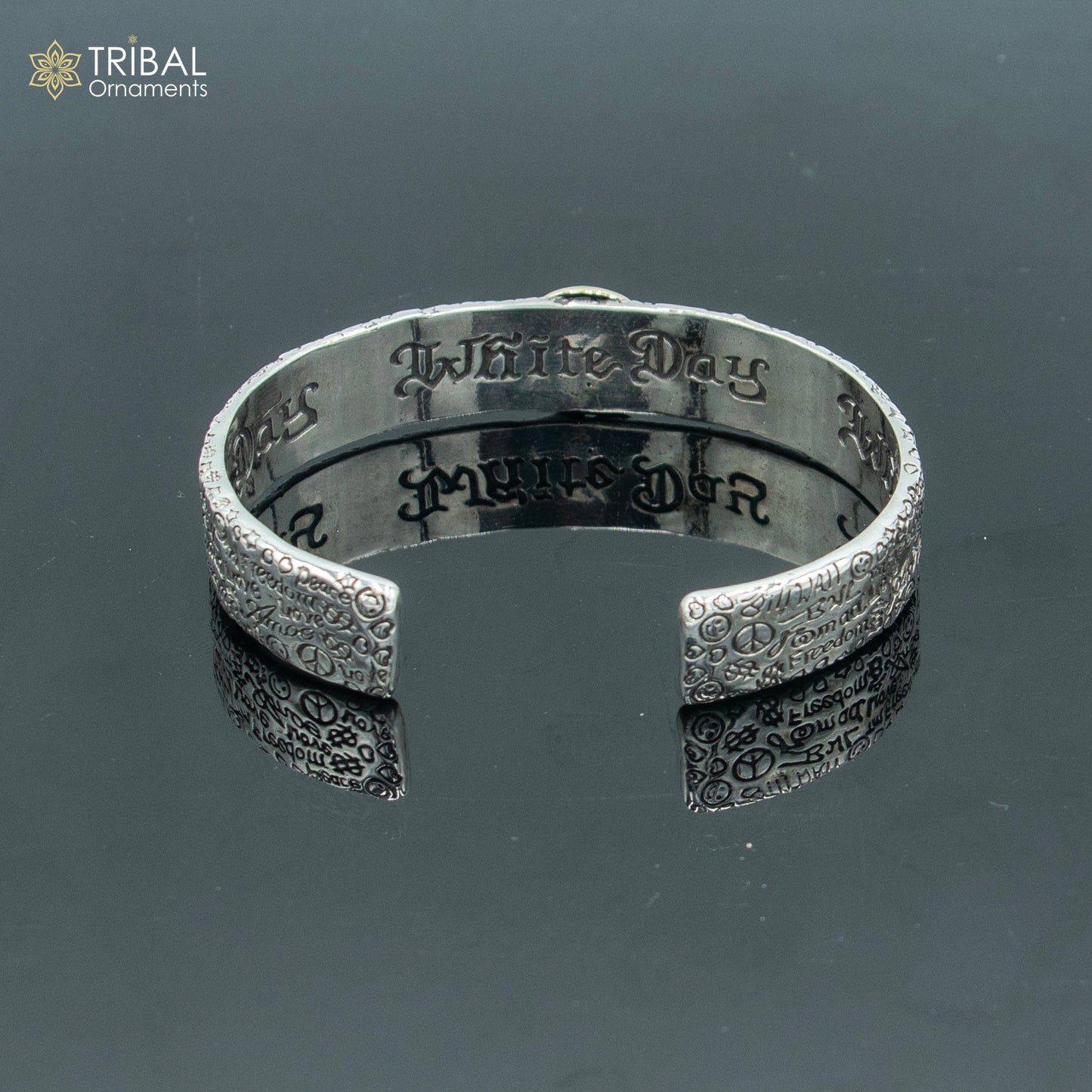 Sterling silver Lord Shiva mantra OM design adjustable bangle cuff bracelet, unisex tribal jewelry with intricate craftsmanship.