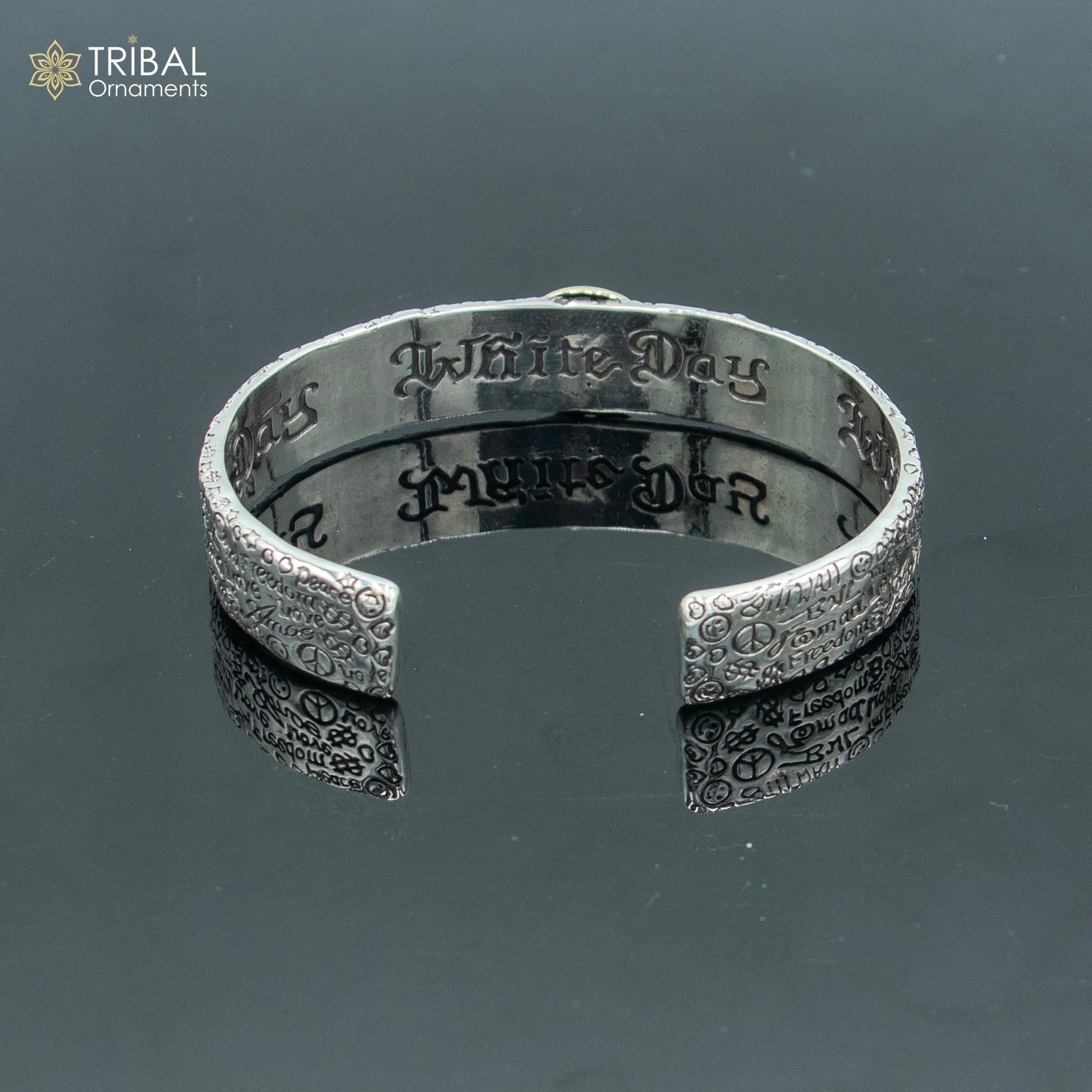 Sterling silver Lord Shiva mantra OM design adjustable bangle cuff bracelet, unisex tribal jewelry with intricate craftsmanship.